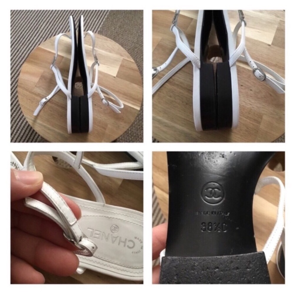 CHANEL AUTHENTIC THONG LAMSKIN WHITE SANDALS SILVER METAL SIZE 38.5-8.5C W/BOX - Picture 8 of 15